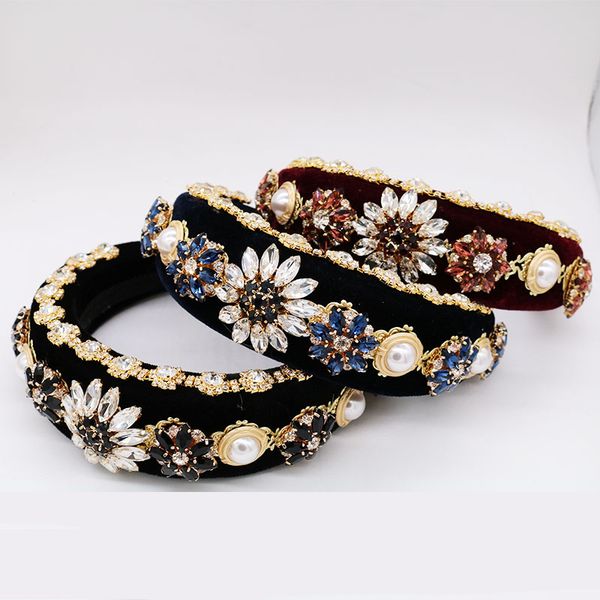 

luxury baroque crown velvet big hairband handmade luxury pearl crystal flower headband wedding hair jewelry accessories, Golden;silver
