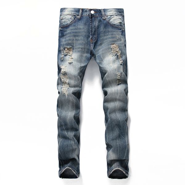 

jeans men denim pants brand classic plus size fashion hole destroyed vintage design slim fit type cotton large size, Blue