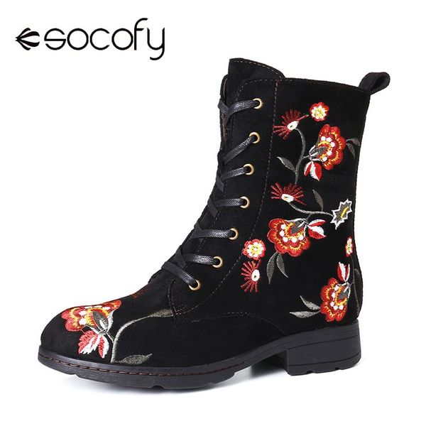 

boots socofy embroidered pattern all black winter warm cozy zipper lace up flat elegant shoes women botas mujer