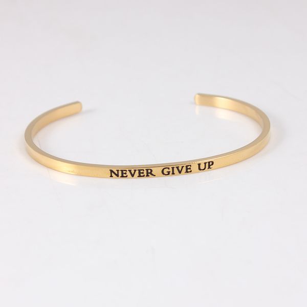 

bangle 316l stainless steel open &bracelet gold engraved never give up inspirational mantra bracelet bangles for women, Black