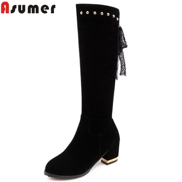 

asumer black 2020 autumn winter new shoes woman round toe women boots flock thick high heels boots zip rivet knee high