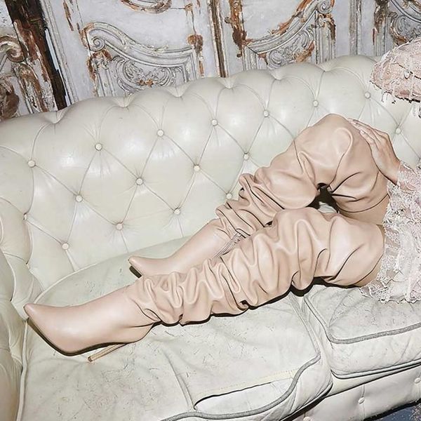 

beige leather pleated tight high boot high heels women over the knee boots zipper round toe runway tall boot shoes, Black