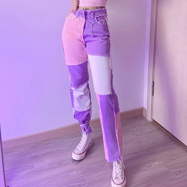 

2020 new woman pants spring autumn patchwork straight hip hop jeans fashion jeans women distressed panelled spliced, Blue