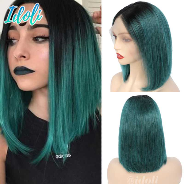 

idoli hair 1b/green wig ombre lace front bob wig ombre straight lace front 100% human hair straight green, Black;brown