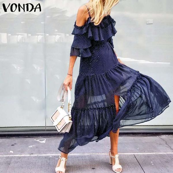 

dot printed dress women sleeveless strap party dress beach bohemian sundress vonda 2020 summer plus size casual vestidos, Black;gray