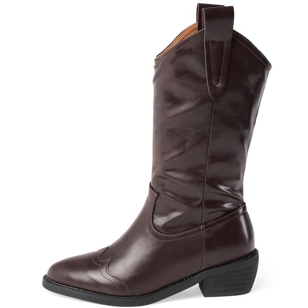 

pointed classic mid-calf boot women fashion embroidered western cowboy boot for women low heels leather knight, Black