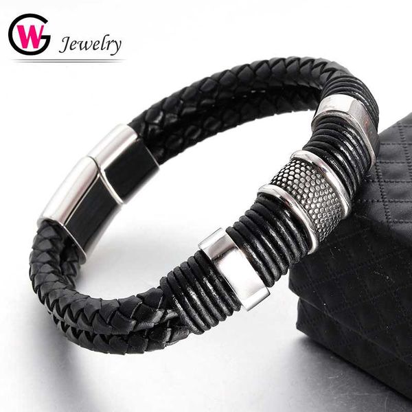 

cool 2020 leather bracelet men jewelry braided male chic bracelet stainless steel safty clasp hombre wrist band gifts femme, Golden;silver