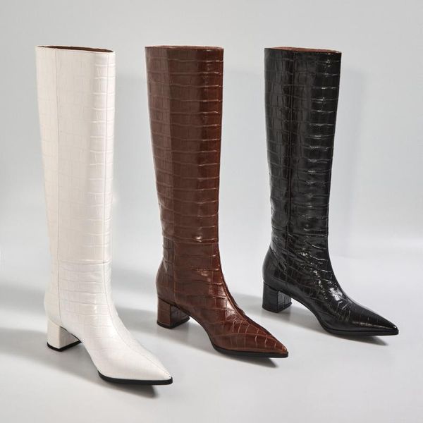 

cialisa women shoes 2020 new design autumn winter genuine leather pointed thick retro punk knee high boots women, Black