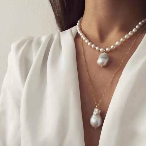 

new 2 milti layer gold chains irregular pearl drop necklace fashion temperament pendant necklaces for women jewelry schmuck, Silver