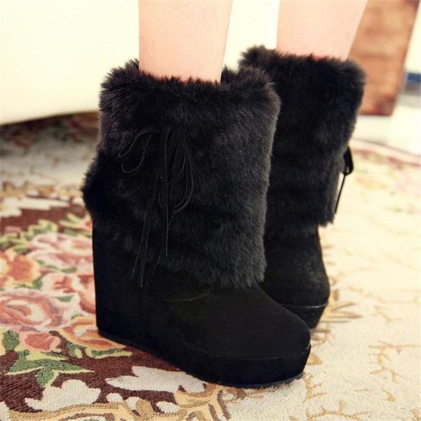 

rarairis 2020 platform winter wedges high heels warm fur shoes women snow boots female shoes slip on ankle boots woman, Black