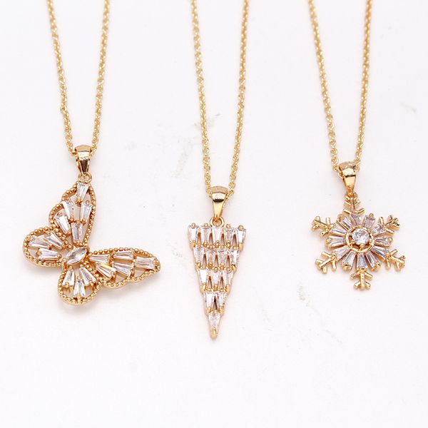 

1pc new crystal zircon butterfly snowflake pendant necklace for women high quanlity triangle clavicle chain wedding jewelry, Silver