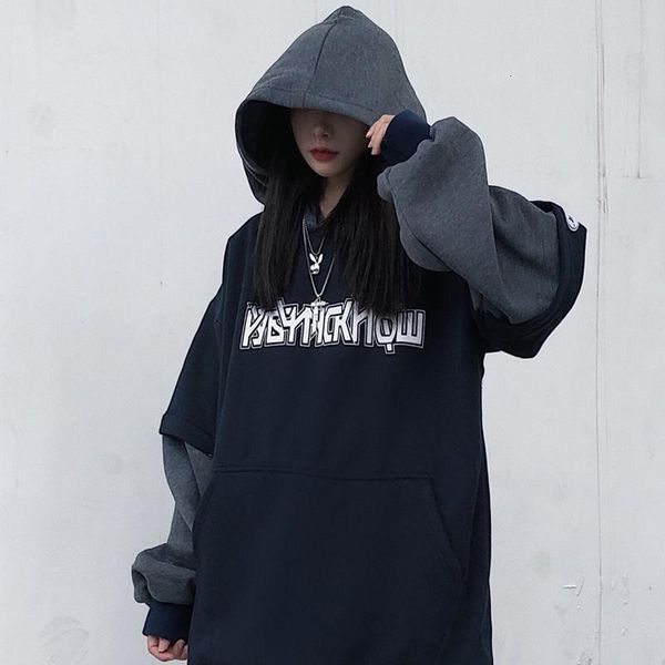 

girls harajuku letter patchwork hooded sweatshirts casual loose autumn female pullovers fake 2 pieces women hoodies, Black