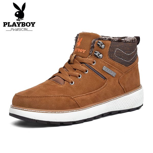 

playboy new winter men's boots cow suede warm velvet snow boots high short plush leather add wool cotton shoes ds87268, Black