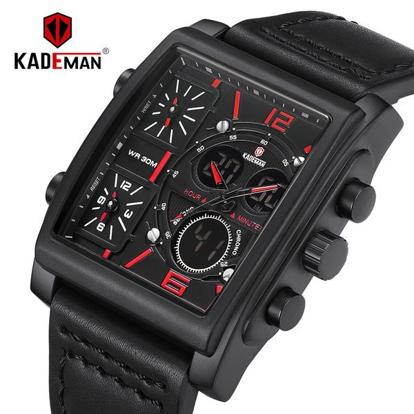 

kademan men watches 3 time zones display sports digital square quartz watch waterproof male wristwatches relogio masculino, Slivery;brown