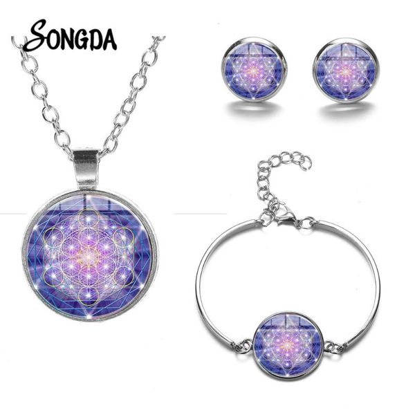 

горячие метатрон куб комплекты ювелирных изделий священная геометрия таинственный цветок жизни стеклянный купол шарм ожерелье серьги браслет, Silver