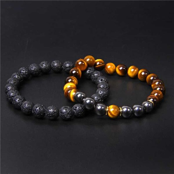 

2pcs/set couple distance natural tiger eye beads bracelet vintage lava volcanic beaded chakra bracelet jewelry for women men, Black