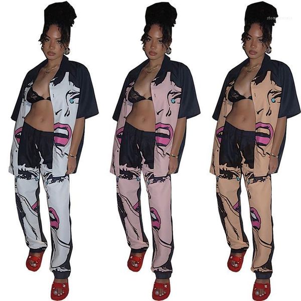 

leg pant sets women hip hop clothes womens face two piece pants woman summer loose lapel neck shirts with wide, White