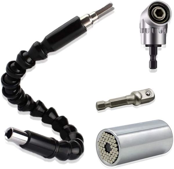 3pcs Set Universal Socket Wrench 7-19mm Grip Adapter 105 Degree Driver Right Angle Extension Drill Attachment 1/4 inch Hex Shank 11.8 inch