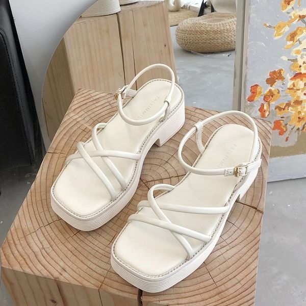 

white platform sandals women 2020 summer square toes shoes female black chunky sole ankle strap sandals sport sandels women