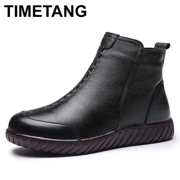 

timetang2020big size35-41thick plush women warm winter snow boots comfortable flat shoes genuine leather ankle boots femalee1191, Black