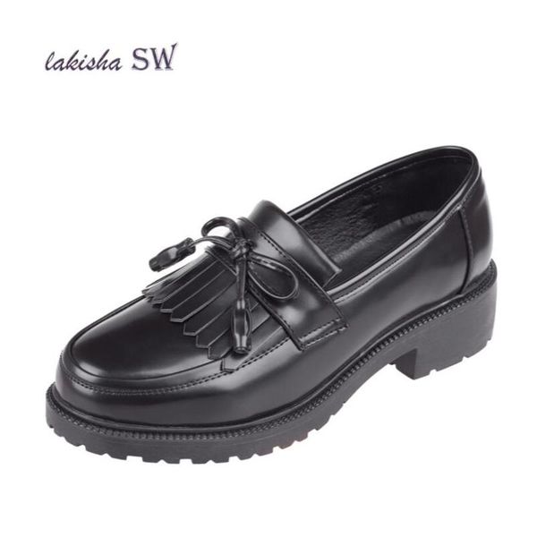 

мокасины женской обуви британской ретро кисточка puleather обуви flats неглубоко рот с круглой головкой лакированной женщиной размер 35-39, Black