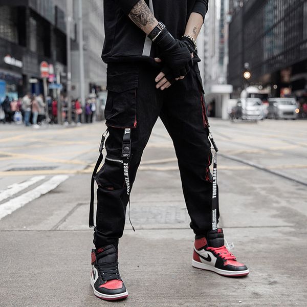 

men's pants 2020 summer fashion webbing hip hop mens europe and america style cargo pants casual men multi-pocket trousers with size m, Black