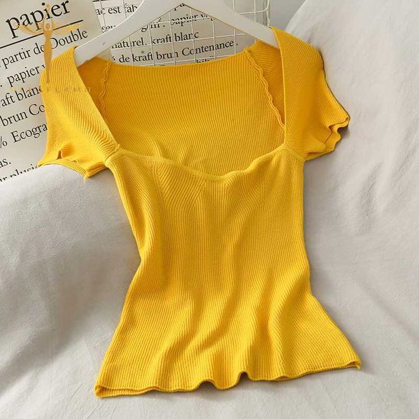 

women 2020 short sleeve short tshirt casual solid color cropped tee korean knited skinny slim camiseta mujer, White