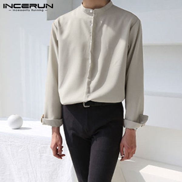 

fashion men casual shirt korean streetwear long sleeve stand collar button shirts 2020 solid color brand camisas hombre incerun, White;black