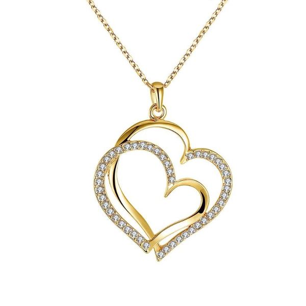 

pendant necklaces beiver fashion double heart cz necklace for women white gold bijoux femme wedding accessories, Silver