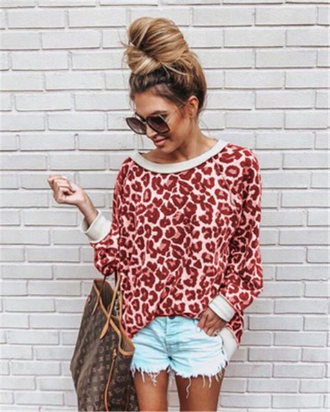 

style 5 color spring and autumn leopard print round neck long sleeve blouse kg-253, Black