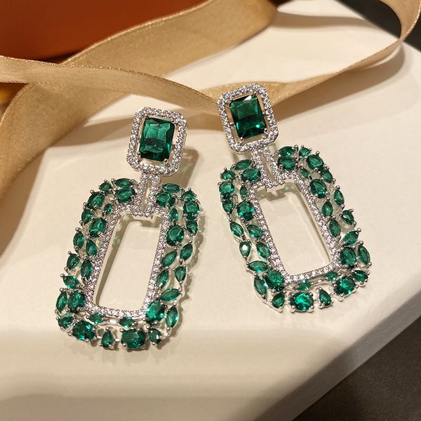

bilincolor green cz square drop earring for women bridal wedding, Silver
