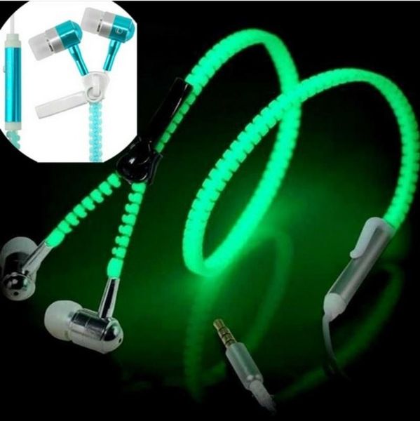 

6 colors 3.5mm night run earphone glowing zipper earplug luminous light headphones stereo bass in ear sports headset mic