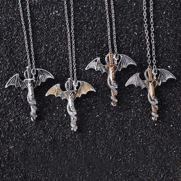 

dragon sword pendant necklace glow in the dark vintage punk luminous dragon long chain necklace for men women hip hop jewelry, Silver
