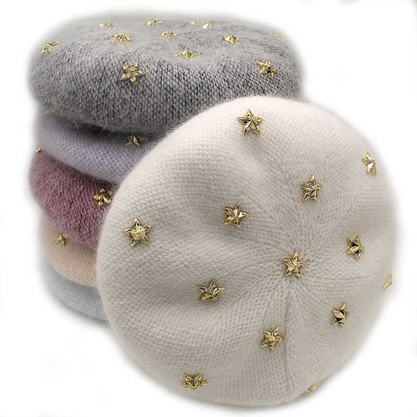 

onidfurow] fashion new women angora solid color beret female bonnet caps winter all matched warm walking hat with stars, Blue;gray