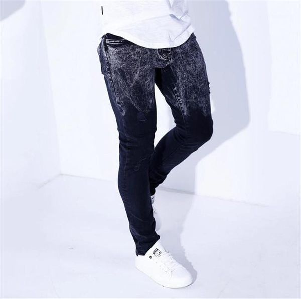 

брюки моды ripped hole jeans homme pantalon градиент цвета мужские дизайнерские джинсы повседневный середины талии омывается карандаш, Blue