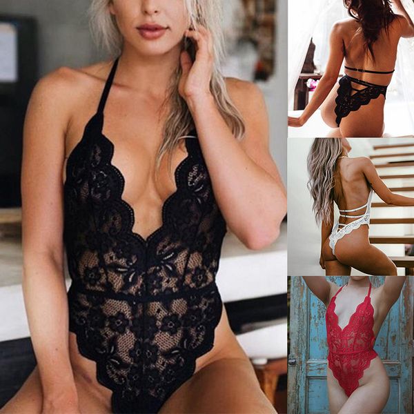 

bras sets 3 colors lingerie one piece women lace bra set deep v erotic hollow underwear halter open transparent, Red;black