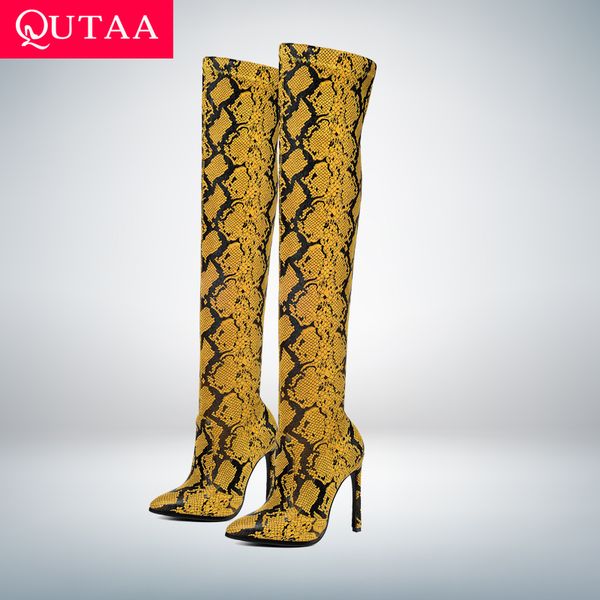 

boots qutaa 2021 thin high heel pointed toe over the knee fashion snakeskin pu leather autumn winter women shoes size 34-43, Black