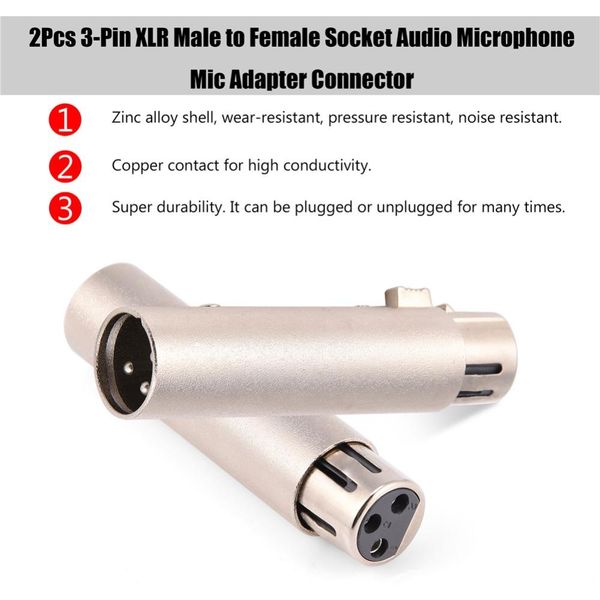 

2pcs 3-pin xlr male to female socket audio microphone mic extension adapter connector