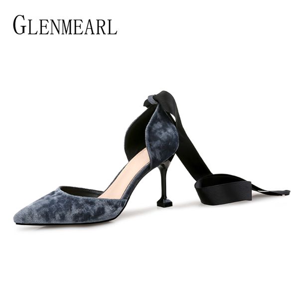 

dress shoes brand women pumps high heels ankle strap retro velvet party woman spring pointed toe bowtie female plus size, Black