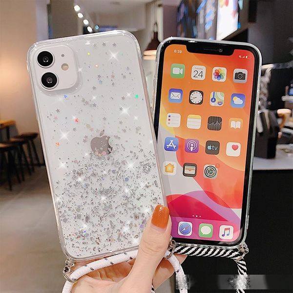 

sparkle glitter strap cord chain phone necklace lanyard phone case carry cover hang for iphone 11 pro xs max xr x 7 plus 8 plus 8