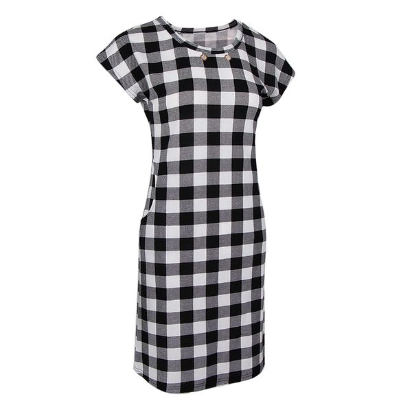 

summer women's dress short sleeve plaid print long loose fit t shirt dresses, White;black