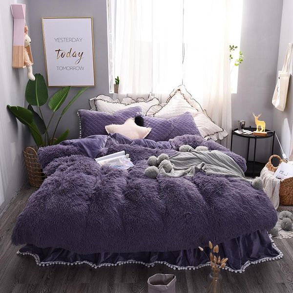 

bedding sets thick fleece warm set purple beige pink grey king  twin size bed sheet/skirt duvet cover for girls pillowcase