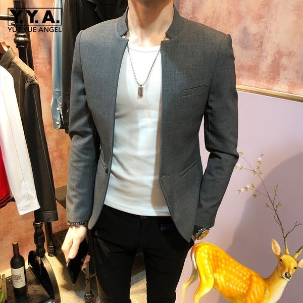 

fashion business man slim fit blazer jacket vintage stand collar outwear coat single button mens suit grey black blazers, White;black