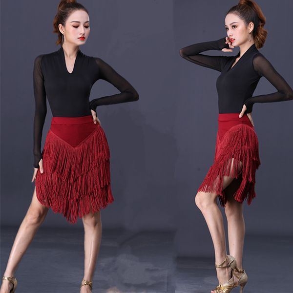

stage wear women's latin dance skirt fringed tassels irregular v-shape dress red green black big size, Black;red