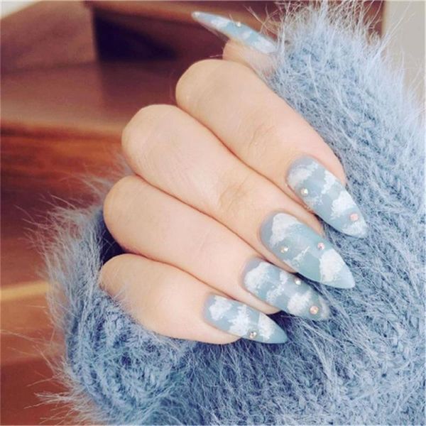 

24 pieces stiletto shape fake nails sky blue love beach love summer glitter pointed ladies press on designed nail tips new hot, Red;gold