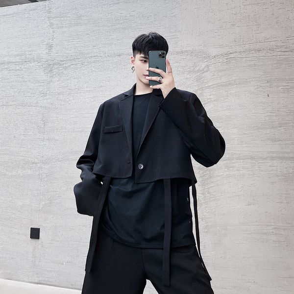 

men's suits & blazers male streetwear vintage fashion suit coat outerwear men removable hem loose casual jacket, White;black