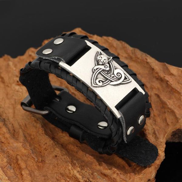 

slavic cat pendant leather amulet bracelet -adjustable size 19-26 cm, Black