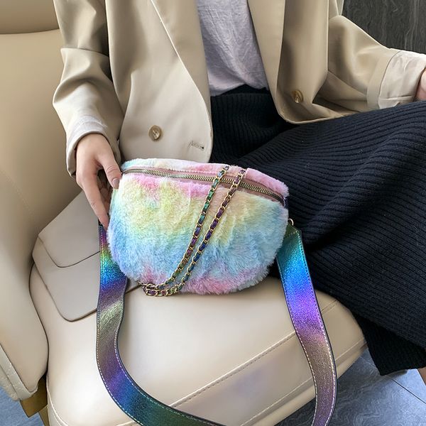 

waist bags girl rainbow fur chest bag design crossbody for women 2021 fashion plush pocket lady chain handbags and purses