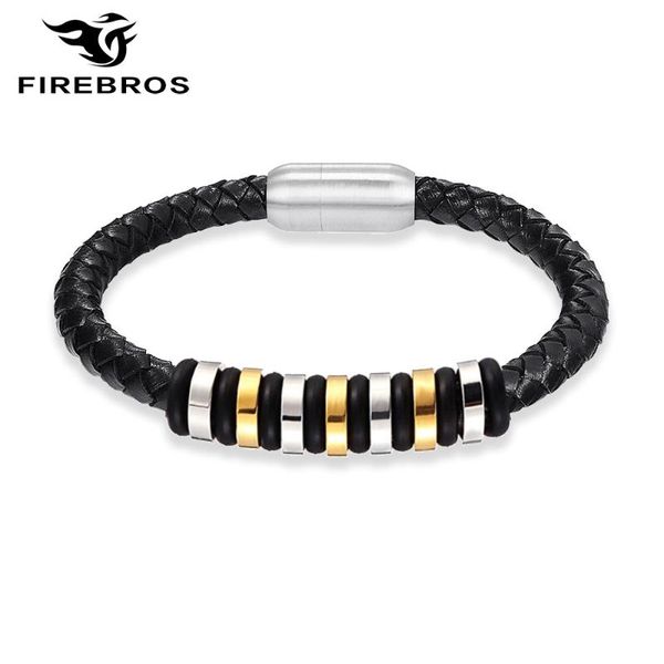 

firebros 2020 women men jewelry gift genuine leather charm bracelet with stainless steel metal beads silver color magnetic clasp, Black