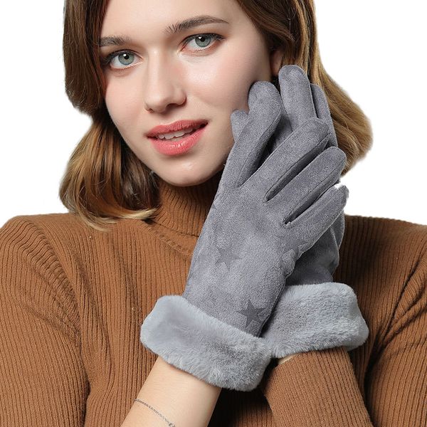 

five fingers gloves women touch screen suede glove outdoor sport female hair wrist mouth warm wool fleece mittens, Blue;gray